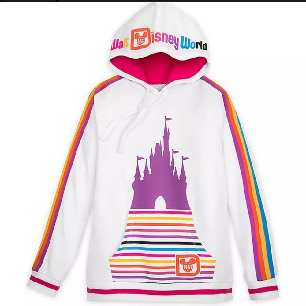 Disney Parks White Retro Stripe Castle Pullover Hoodie XL Mickey Pride Jacket